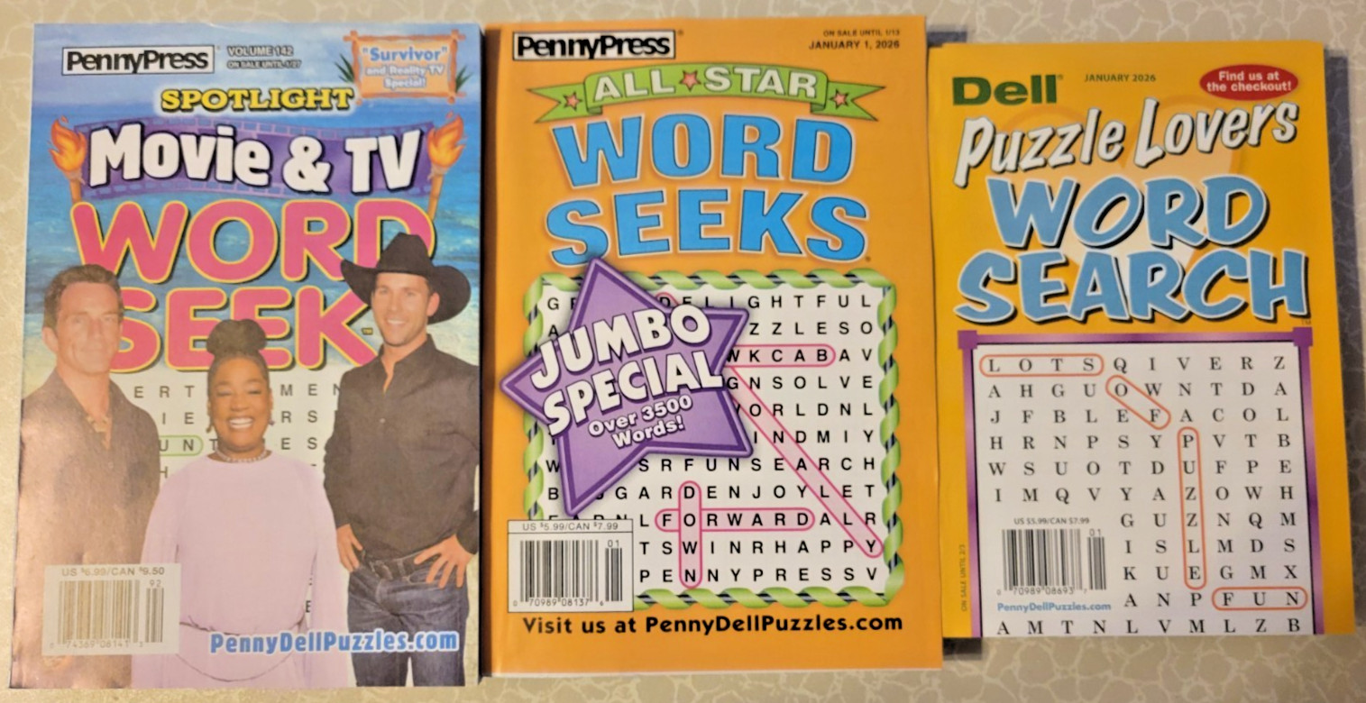 3 Lot Word Search Puzzle Books -Penny Press Movie/TV-All Star-Dell Puzzle Lovers