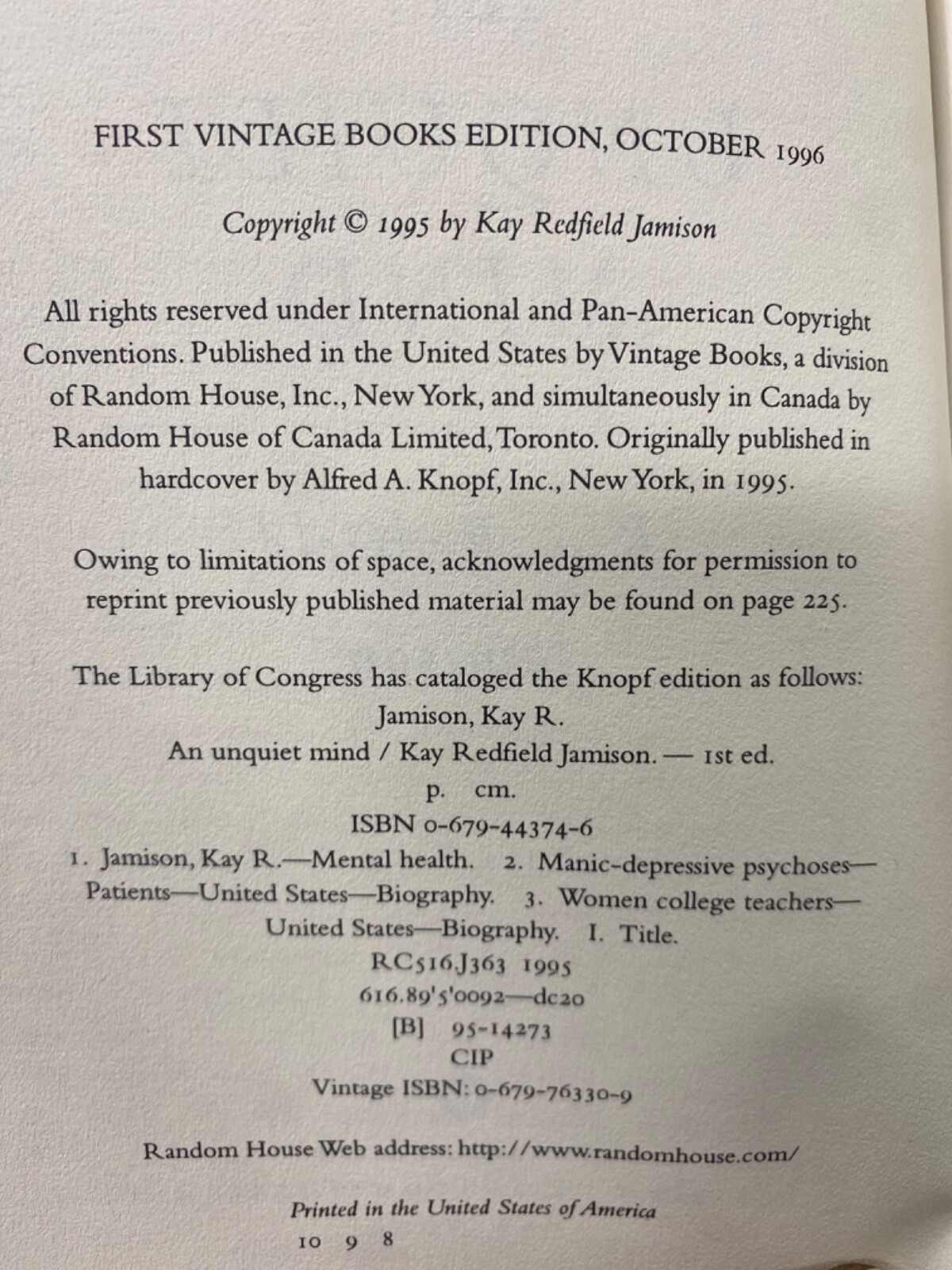 An Unquiet Mind 1995 by Kay Redfield Jamison Trade Paperback