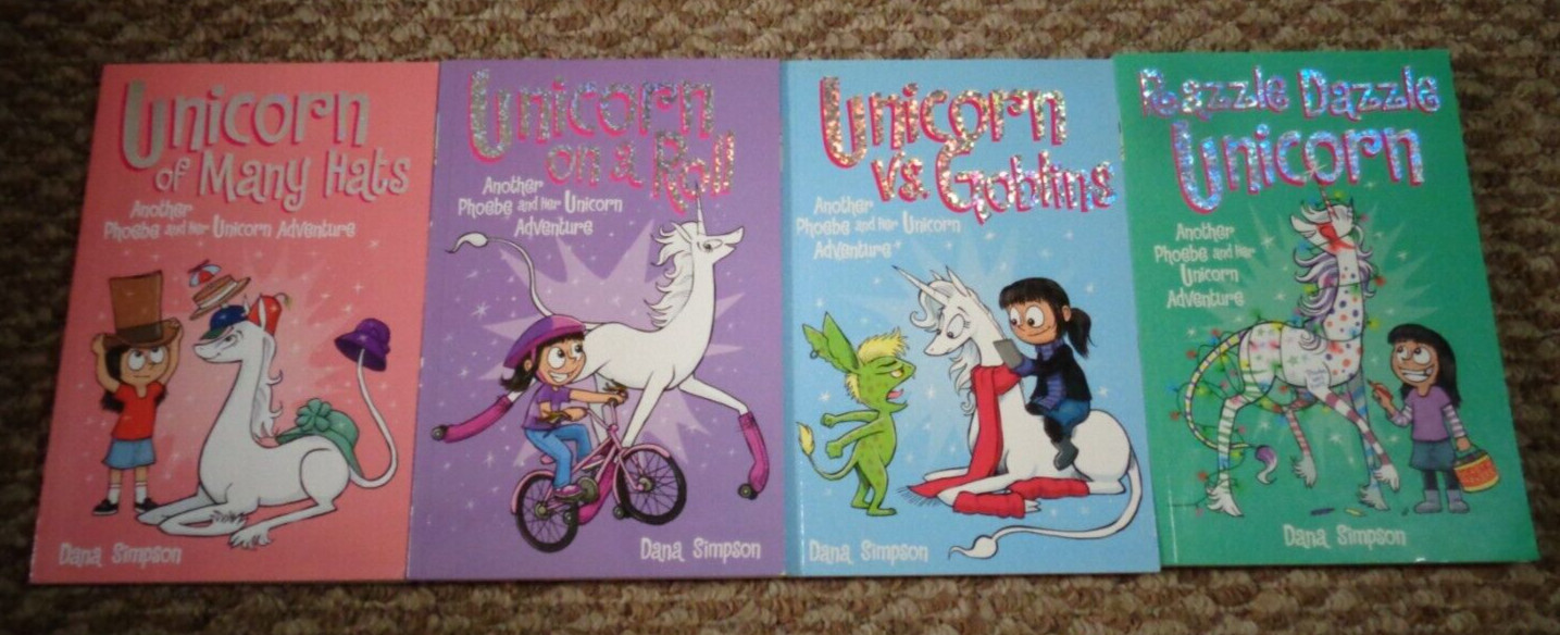 PHOEBE AND HER UNICORN ADVENTURE – Dana Simpson – 4 books- MANY HATS, ON A ROLL