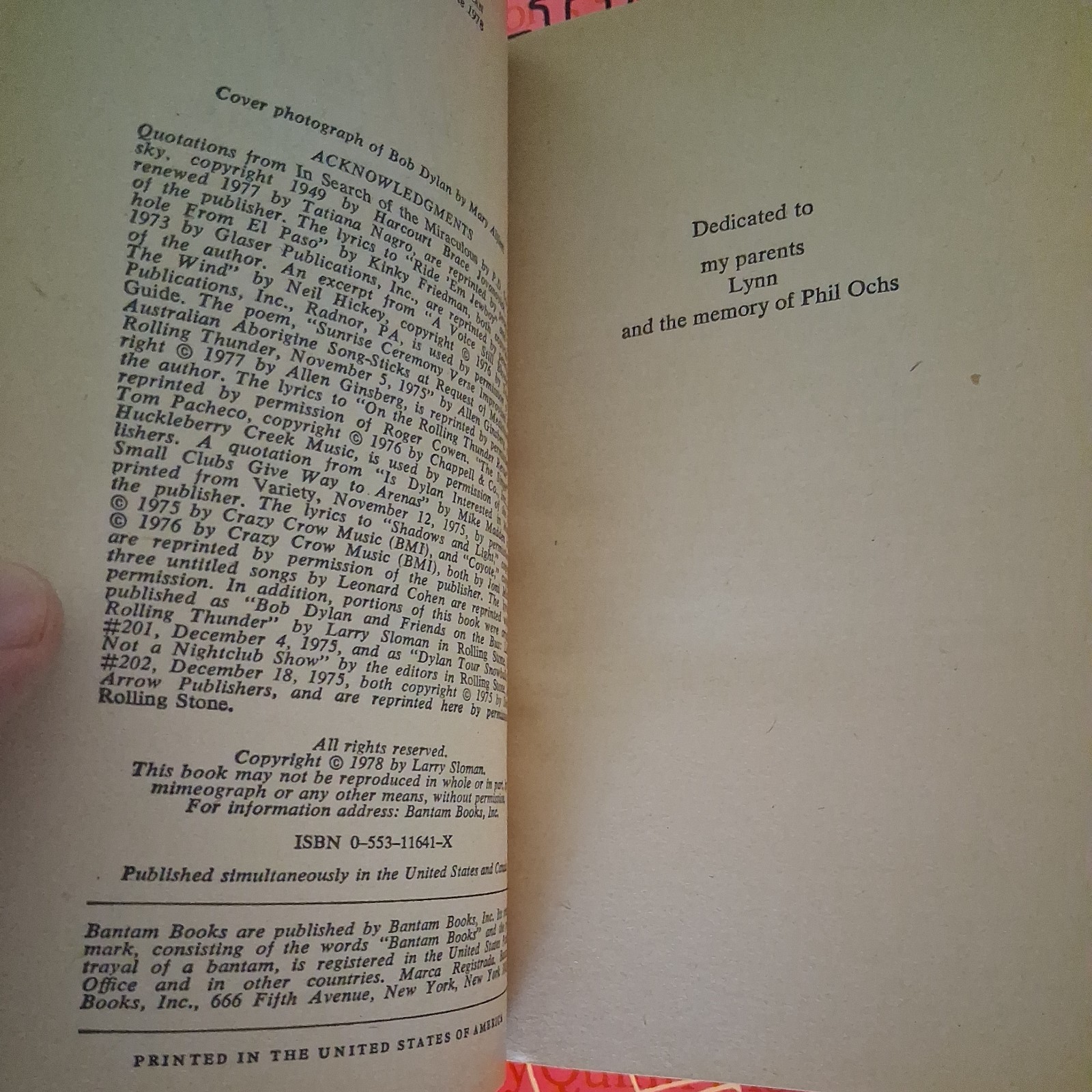 On The Road With Bob Dylan by Larry “Ratso” Sloman 1978 Paperback 1st Edition