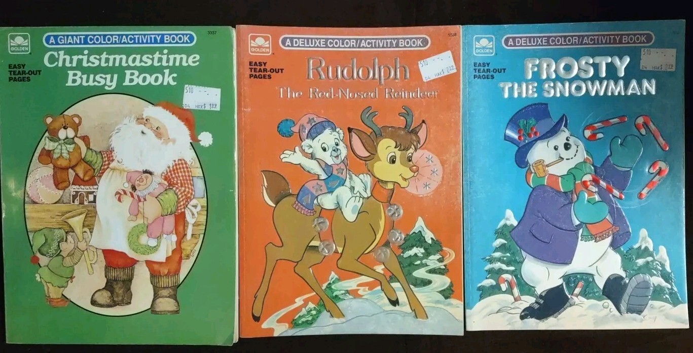 Lot Of 3 Vintage New Golden CHRISTMAS Deluxe Color/Activity Books UNUSED