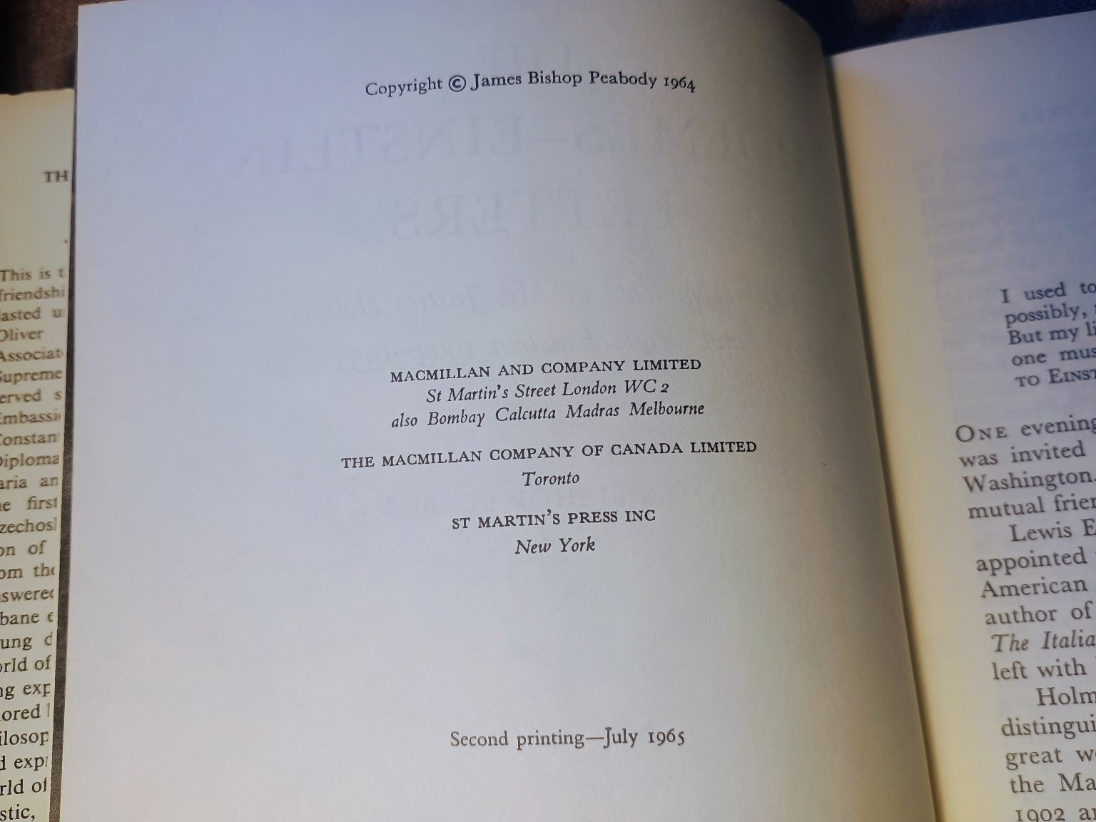 Holmes-Einstein Letters Peabody 1965 Second Printing History St. Martin’s Press