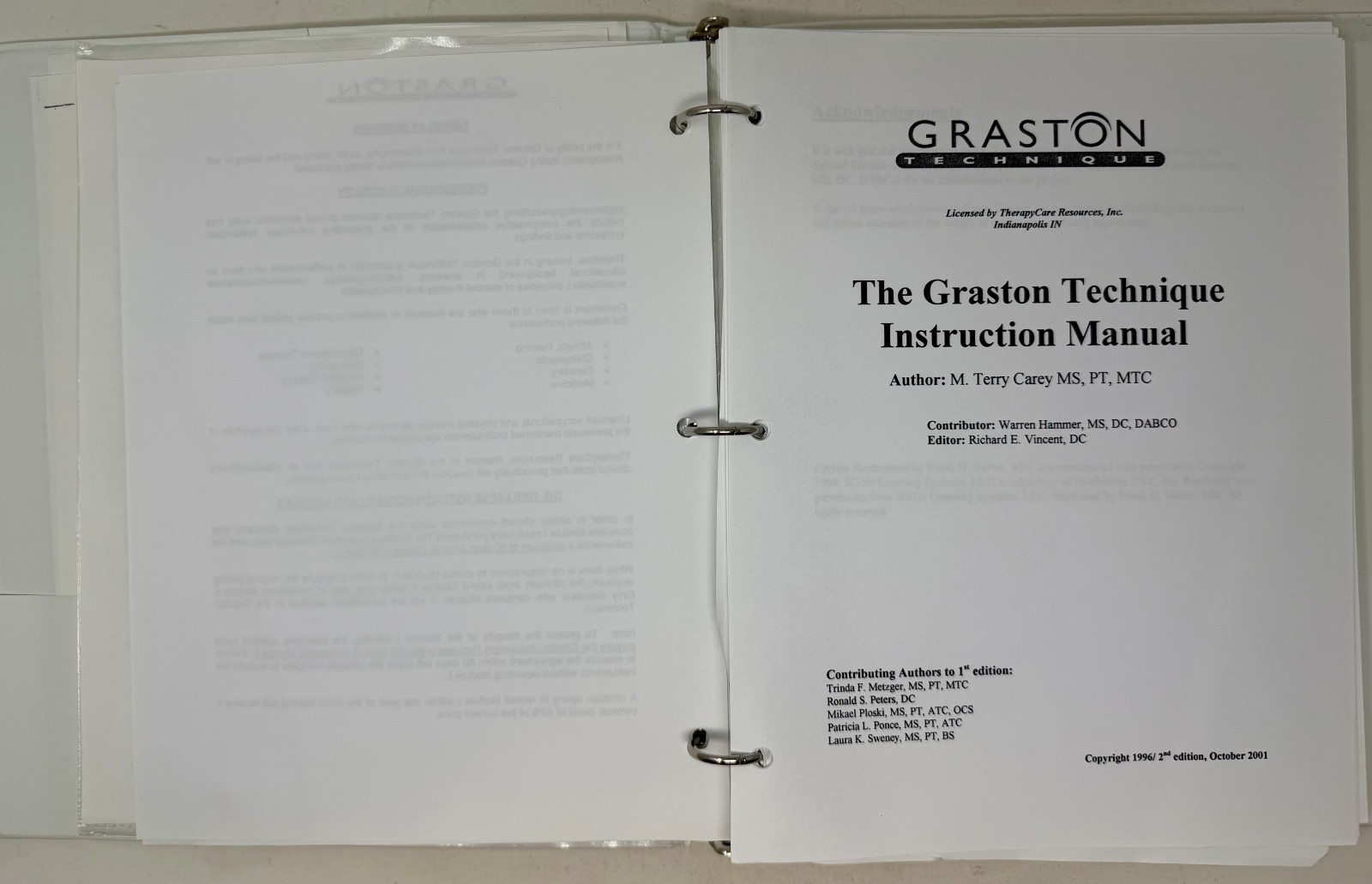 2001 2nd Ed. Graston Technique Instruction Manual Binder Book M. Terry Carey, MS