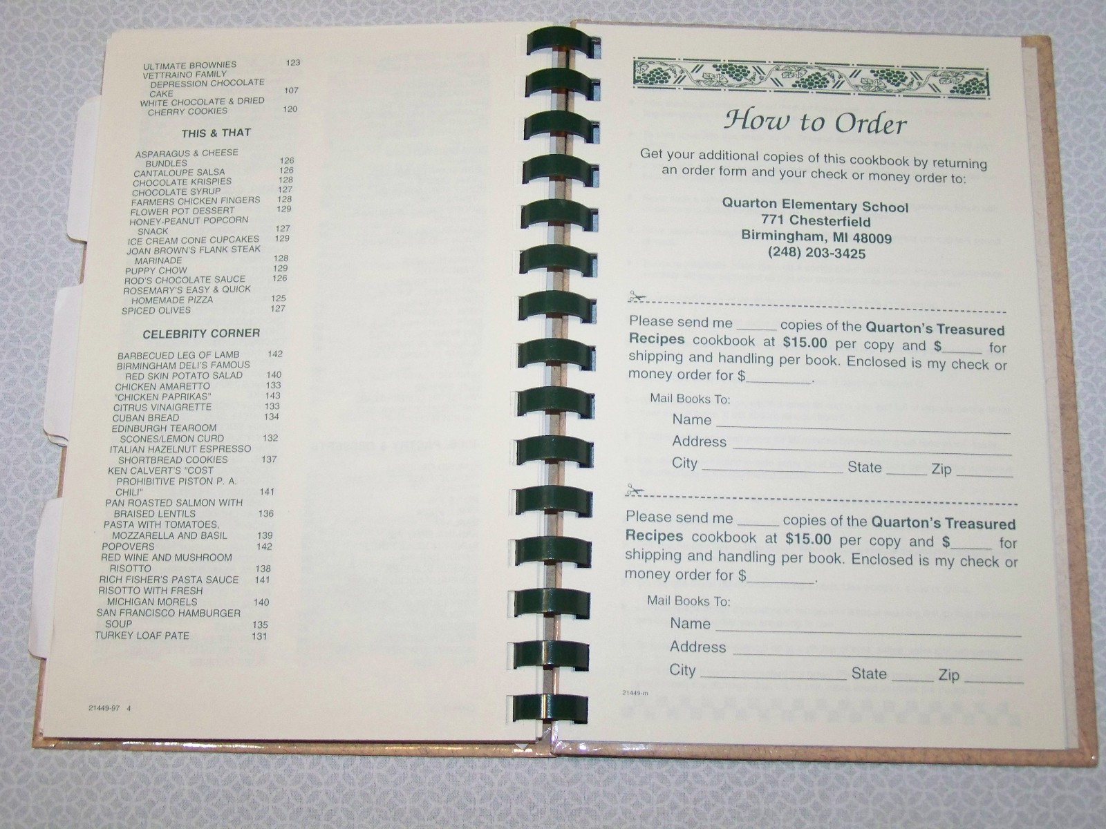 Quarton Elementary School Cookbook Birmingham Michigan 1997