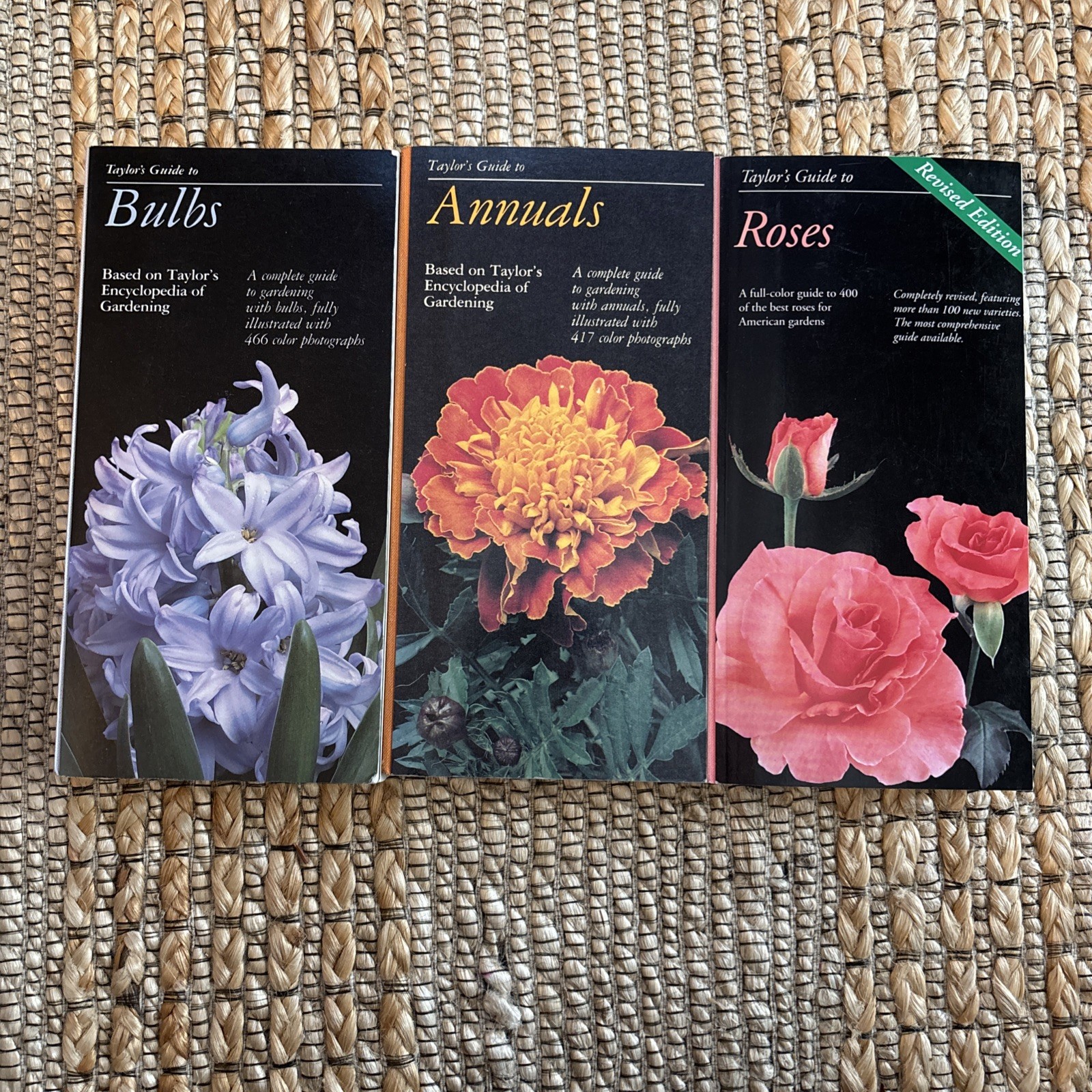 Set of Taylor’s Guides gardening books from 1986, Bulbs, Annuals, Roses Revised